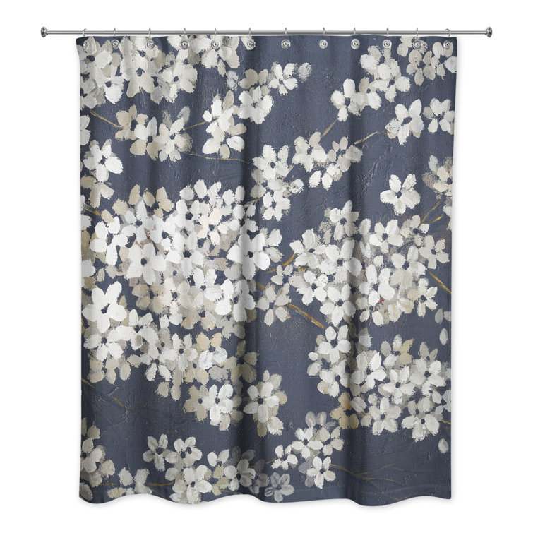 Winston Porter White Blossoms On Navy Shower Curtain Wayfair Canada